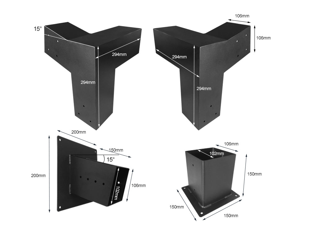 15°Slanted Wall Mount Pergola 3-way Bracket Kit