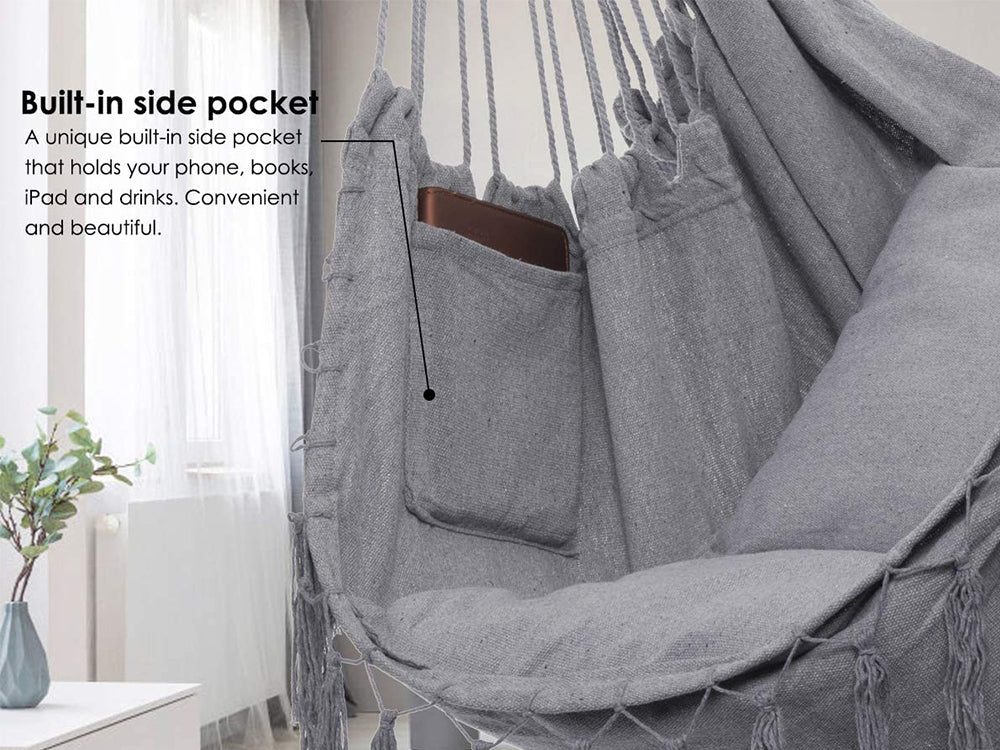 Hammock Chair/Macrame Hanging Chair with Pocket-Grey