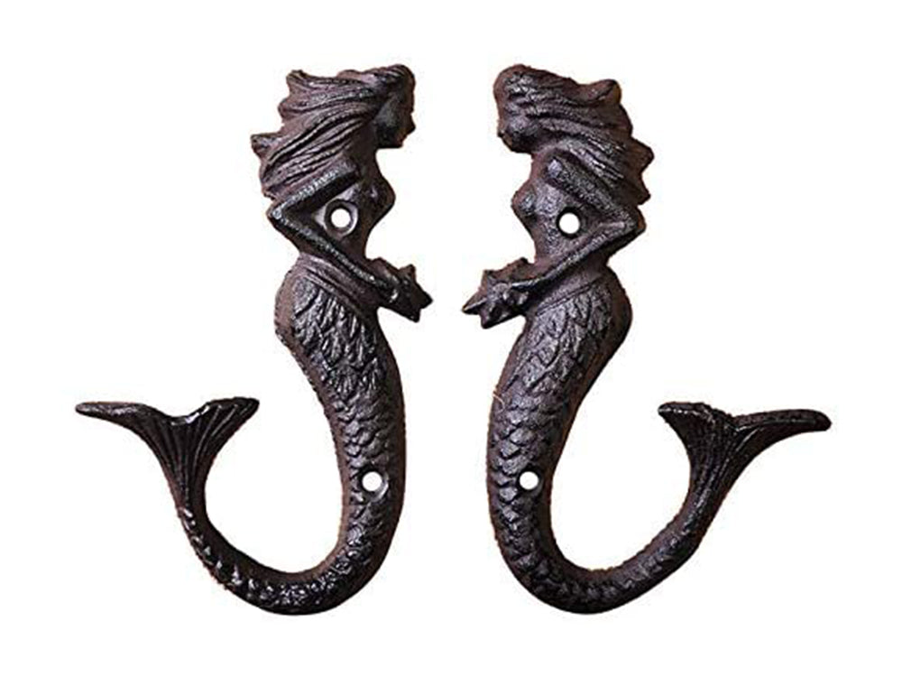 Cast Iron Mermaid Wall Hooks Vintage Rustic Wall Hanger (Set of 2)