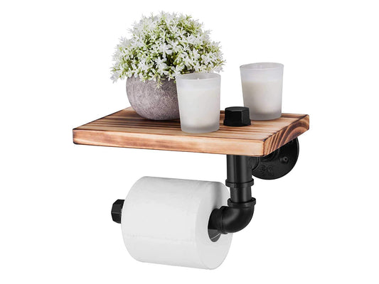 Industrial Toilet Paper Holder with Rustic Wooden Shelf